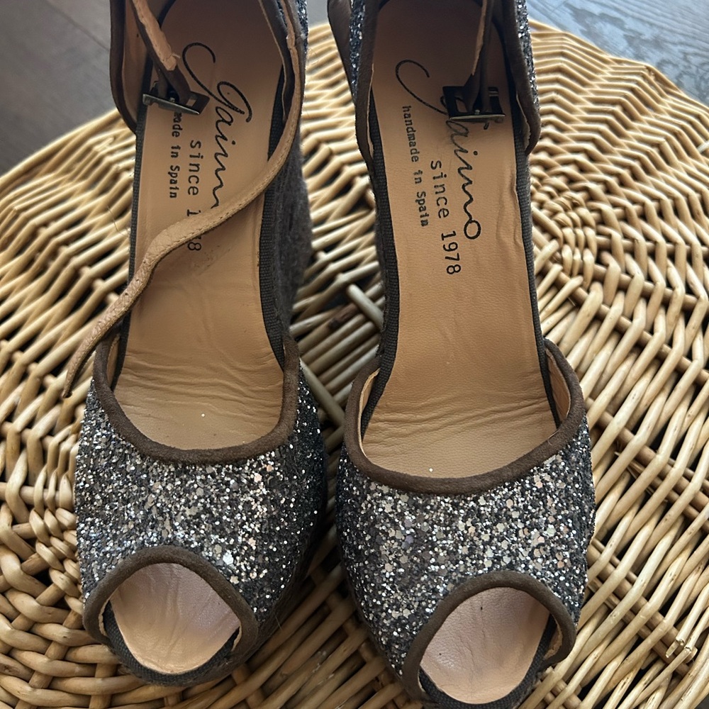 Chinco Glitter Peep-Toe Wedges - Brown and Silver